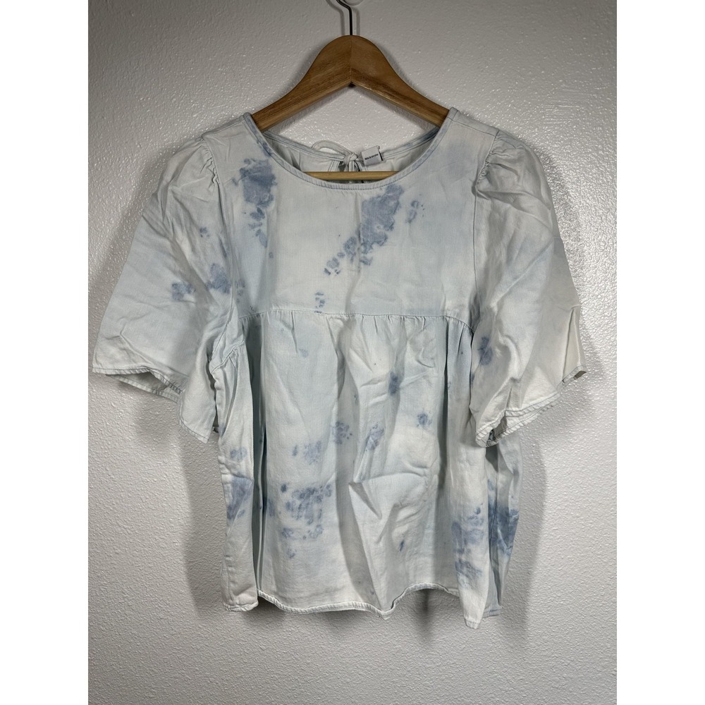 Old Navy Shirt Womens Medium Blue White Tie Dye Short Sleeve Peplum Back Tie Top